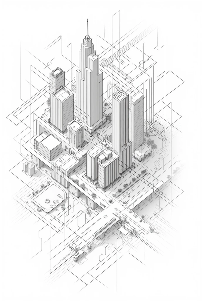 Small and medium-sized cities, thin lines arranged side by side, lines irregularly, only transportation, department stores, schools, parks, buildings, empty-looking, black line-only paintings, very simply, like ballpoint pen, just the shapes of buildings artistically, It feels like I'm looking down from above