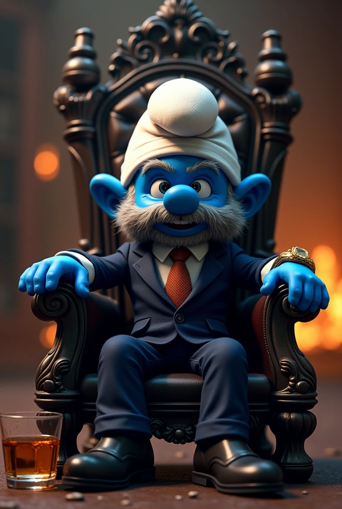 gangster smurf, gold watch, godfather ring, black throne, Dark atmosphere with fire behind and glass of whiskey