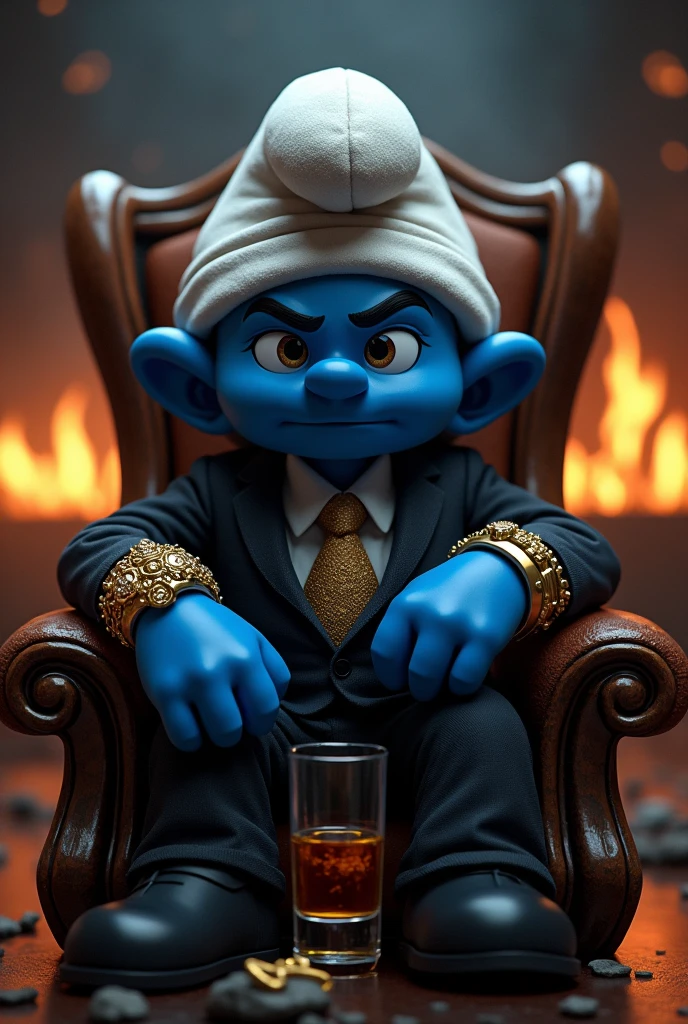 gangster smurf, gold watch, godfather ring, black throne, Dark atmosphere with fire behind and glass of whiskey