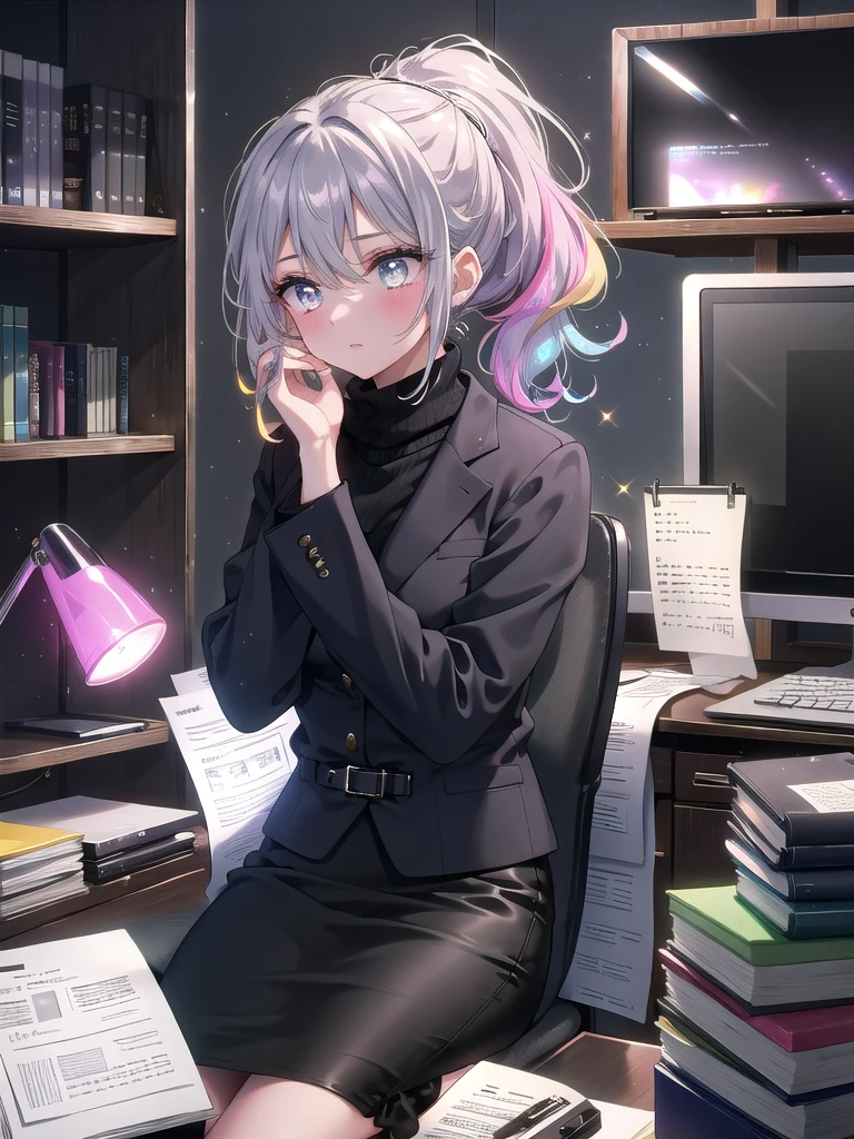 ((8k, Highest quality, masterpiece: 1.3)),Ultra-high resolution,(1 girl, alone), (Color changing eyes, Ultra-detailed, Expressive brilliance, Glitter, Glowing Eyes), Highly detailed eyes, Highly detailed face, Random Hair, ((pastel colour))The woman is in a private office, reviewing a printed report while occasionally jotting down notes. Her desk is neat with a desktop computer, a stack of documents, a desk lamp, and a family photo in a frame. She’s dressed in a charcoal grey blazer, a white turtleneck, and a knee-length pencil skirt with low heels. Her hair is styled in a sleek ponytail. She looks at the camera with a contemplative expression, her lips slightly pursed, deep in thought as she analyzes the report.