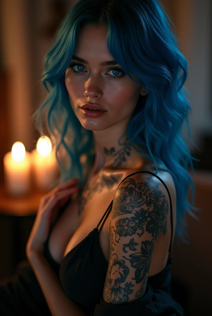 tatoué,très beaux gros seins、Costume d’affaires, décolleté, seins nue, De nombreux tatouages sur les bras et le cou)、 (Tard dans la nuit en Australie', lumières aux chandelles uniquement,très détaillé, une belle femme, Elley Shining,Visage déprimé, Cheveux bleus, ondulés, yeux bleus, haute résolution, chef-d'œuvre, la plus haute qualité, détails complexes, très détaillé, concentration claire, peau délicate, Pratique skin texture, texture, Yeux délicats, professionnel, 16k, visage triste,désespoir、 tourné avec Canon, 85mm, Peu profond et profond, couleur de vision kodak, exactement, très détaillé, photographier, photographierPratique, Pratique, Post-traitement, détails maximum, rugosité, vrai vie, photoréalisme, photographiergraphy, 16k Ultra HD, photographiergraphy