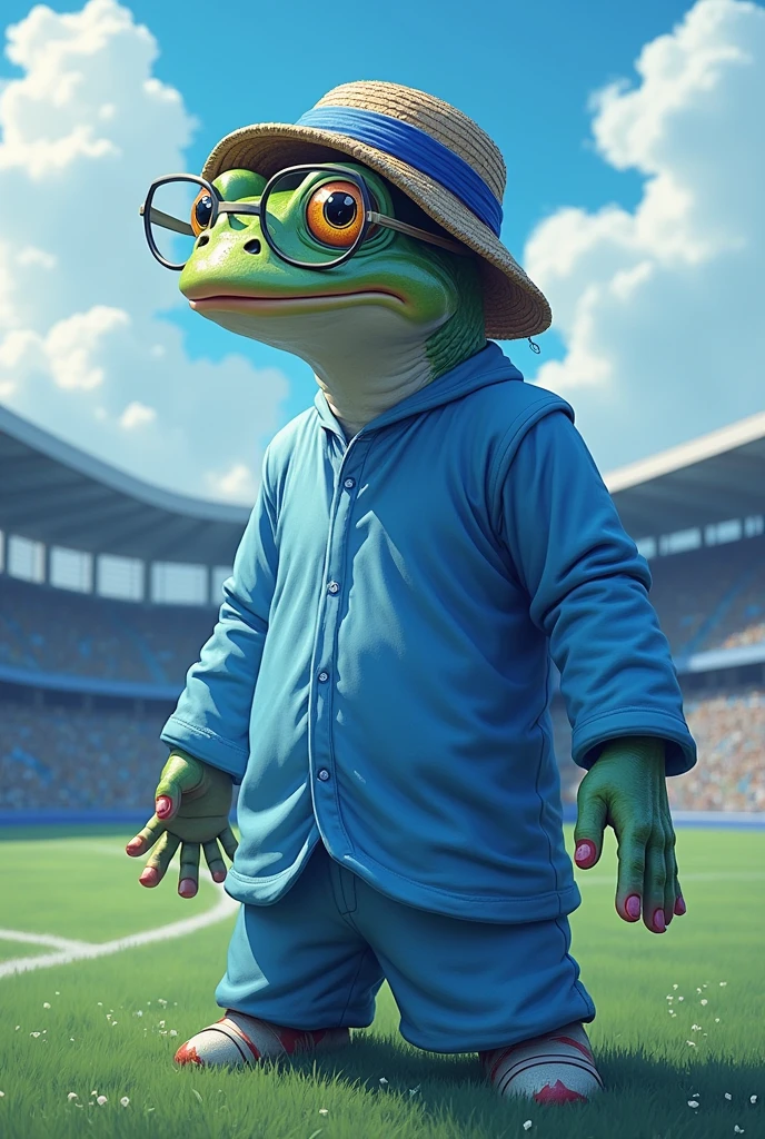 A man's body, a frog's face, wearing glasses, wearing a hifa, wearing a shirt, and his color is blue and white. Baground football ground