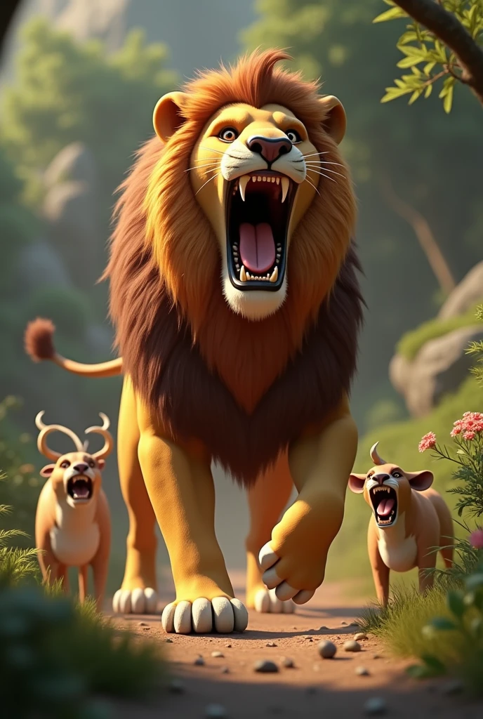 In 3d animation style " सिंह अपने भयानक स्वर में जानवरों को धमकाते हुए कि उसे हर दिन एक जानवर चाहिए।"