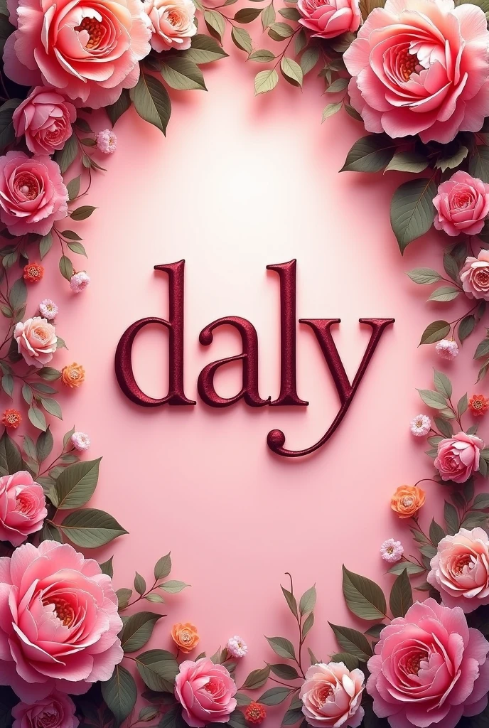 I want a cover with the text "Daly" in the middle, that is maximalist, with sweet flowers on the edges and a pink color palette, that are soft colors and a touch of passionate wine red.