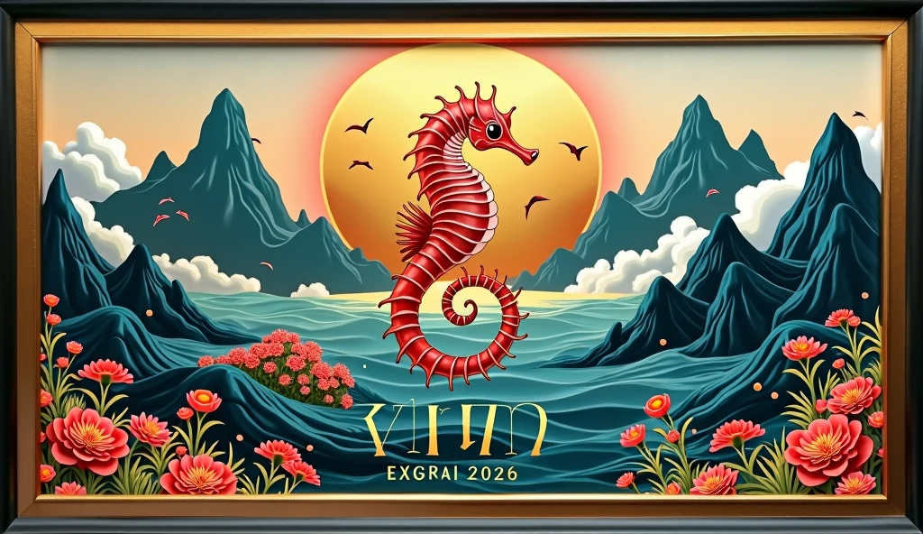 A logo design was created with the letters MJP in the center.。Japanese floating painting style、Seahorse Design. Japanese style、Japanese-style、high quality, A luxurious image. In the center is a map of Japan、Malaysia map hidden、Ocean、Mountain、All designs are housed in a glamorous gold frame.