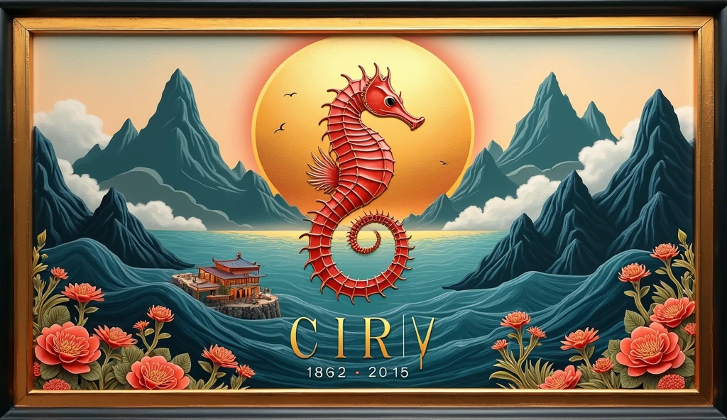 A logo design was created with the letters MJP in the center.。Japanese floating painting style、Seahorse Design. Japanese style、Japanese-style、high quality, A luxurious image. In the center is a map of Japan、Malaysia map hidden、Ocean、Mountain、All designs are housed in a glamorous gold frame.