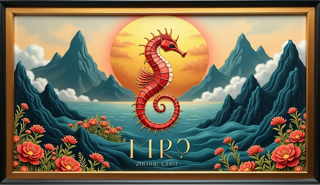 A logo design was created with the letters MJP in the center.。Japanese floating painting style、Seahorse Design. Japanese style、Japanese-style、high quality, A luxurious image. In the center is a map of Japan、Malaysia map hidden、Ocean、Mountain、All designs are housed in a glamorous gold frame.