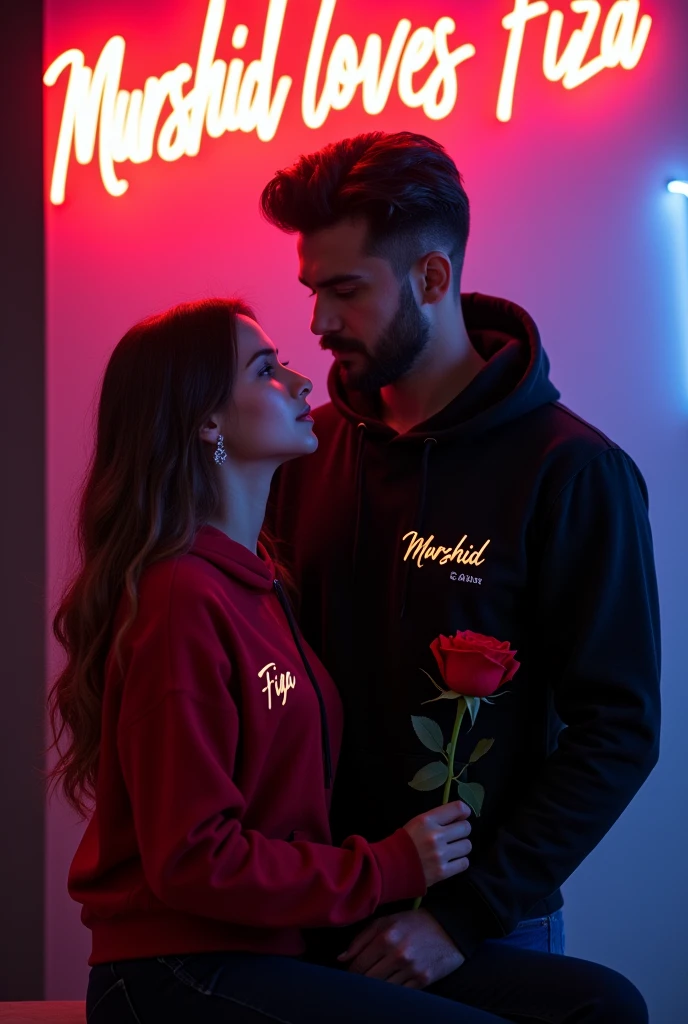 A 4K detailed portrait of a handsome 2 man and a beautiful 30-year-old woman in white hoodies. "Murshid" is on his hoodie, "Fiza" on hers. She holds a red rose while sitting, with a neon-lit wall behind them reading "Murshid loves Fiza." The mood is romantic and serious.