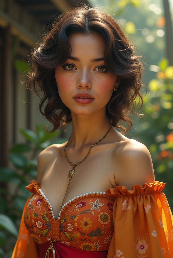 Girl from 1980's half Filipina half Spanish beautify, has light brown hair and brown eyes and curly hair, wearing baro't saya in Philippines