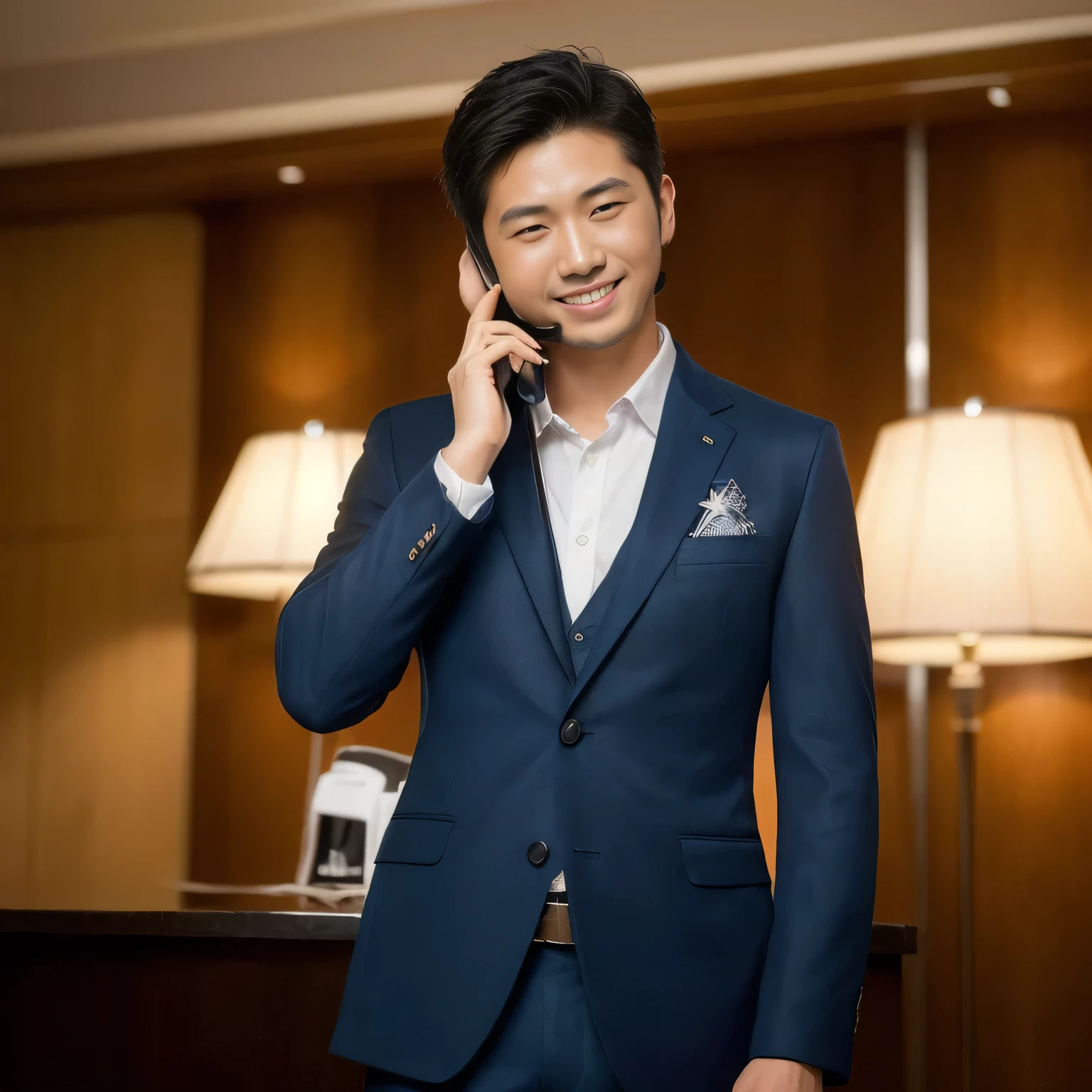 ((masterpiece:1.5))、Japanese man with short black hair:1.7、((Making a phone call on a smartphone:1.5))、((Smile))、((Dark blue suit:1.5))((Cowboy Shot:1.4))、((hotel lobby:1.4))、