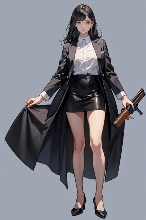 Highest quality、Ultra HD、One Woman、(long black hair 1.3)、(Black Suit 1.3)、(shirt)、(Black tight skirt 1.1)、(Slender body)、((1 who has a gun.5))、(Beautiful face with slits 1.2)、(Black leather shoes 1.2)、Large Breasts、tall、(Daytime city background 1.2)、((Clear and beautiful touch))、(3 Asian woman)