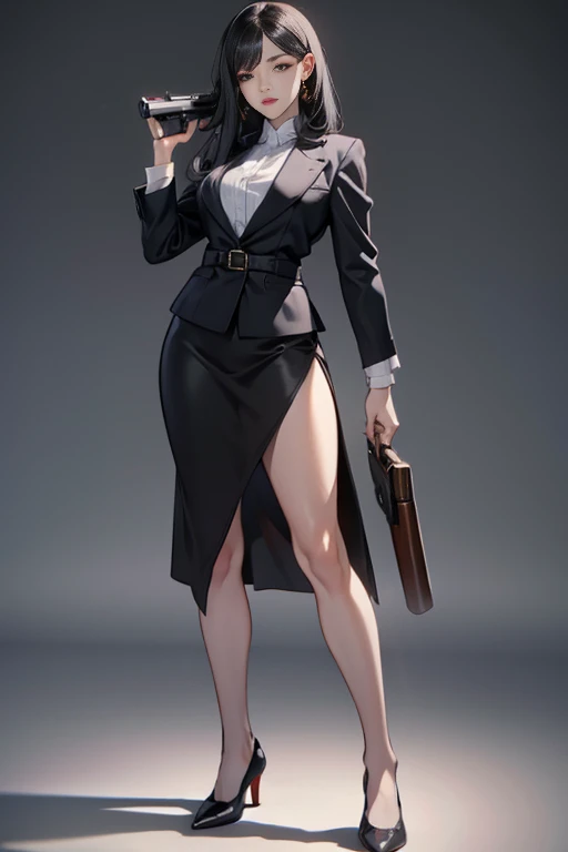 Highest quality、Ultra HD、One Woman、(long black hair 1.3)、(Black Suit 1.3)、(shirt)、(Black tight skirt 1.1)、(Slender body)、((1 who has a gun.5))、(Beautiful face with slits 1.2)、(Black leather shoes 1.2)、Large Breasts、tall、(Daytime city background 1.2)、((Clear and beautiful touch))、(3 Asian woman)