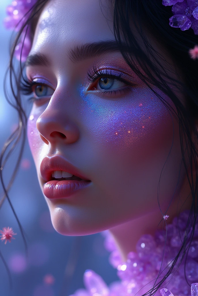 a beautiful woman with amethyst quartz skin, highly crystalline and mythological, detailed face and eyes, beautiful detailed lips, extremely detailed eyes and face, long eyelashes, ethereal, magical, mystical, glowing, iridescent skin, colorful crystals growing out of skin, fantasy, portrait, cinematic lighting, vibrant colors, highly detailed, 8k, masterpiece