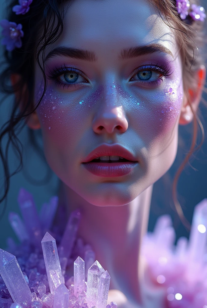 a beautiful woman with amethyst quartz skin, highly crystalline and mythological, detailed face and eyes, beautiful detailed lips, extremely detailed eyes and face, long eyelashes, ethereal, magical, mystical, glowing, iridescent skin, colorful crystals growing out of skin, fantasy, portrait, cinematic lighting, vibrant colors, highly detailed, 8k, masterpiece