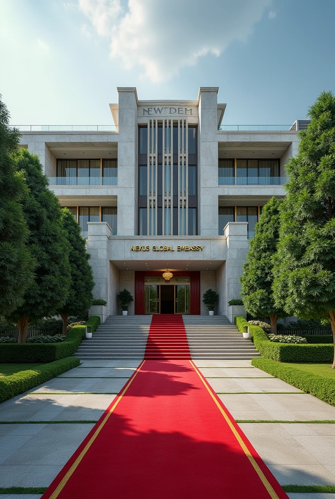 A wonderful and luxurious building, it's on it's own with large compound with trees and Grass with Singaporean architecture and the words Nexus Global Embassy fully exposed on the building separate concrete with red carpet on the entrance with a good full view and angle .Expose the words Nexus Global Embassy on the concrete fully I can't see the words and the driveway the spelling is wrong