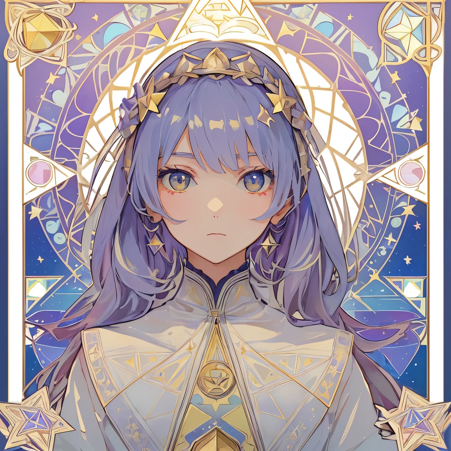 1 girl, (masterpiece, highest quality, highest quality, beautiful and aesthetic: 1.2), (1 girl: 1.3), delicate clothing, square picture frame, ((face)), sharp pupils, cool face, Alphonse Mucha's, color hairstyle, Ultra-detailed, Soft Light, Gentle colors, solo, dynamic, (((geometric star patterns in the background))), wizard, close up, Wizard's Hat,