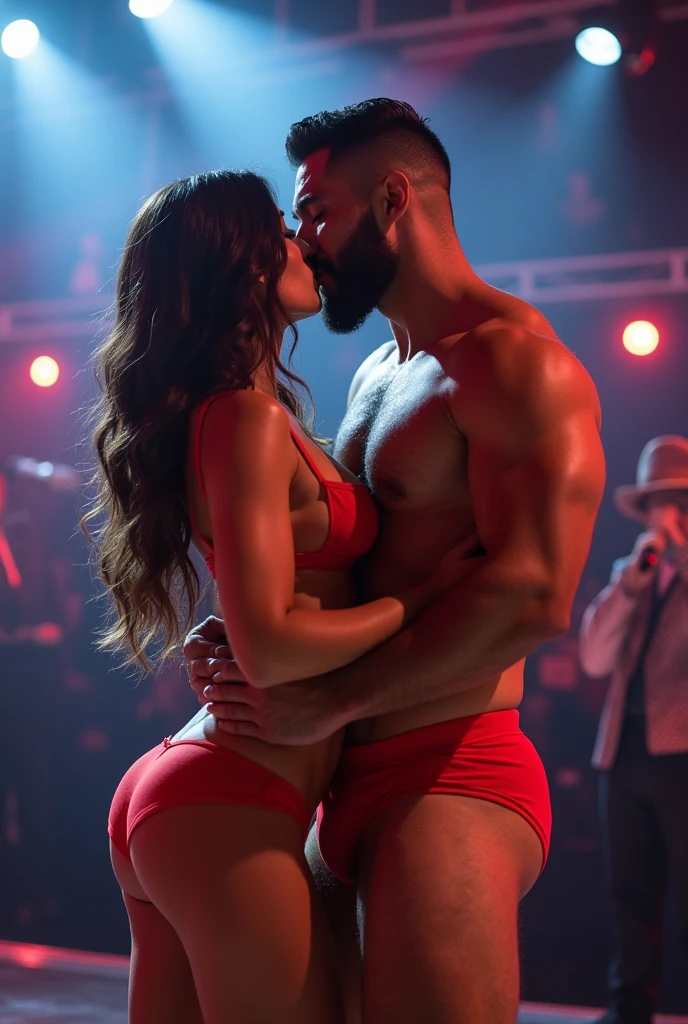 A young Puerto Rican man with a beard, hairy, strong and muscular, in red underwear, Bulge, bulge, kissing with desire and pleasure a beautiful woman in red panties, in performance on a stage of a television program presented by a famous presenter with a microphone in his hand.