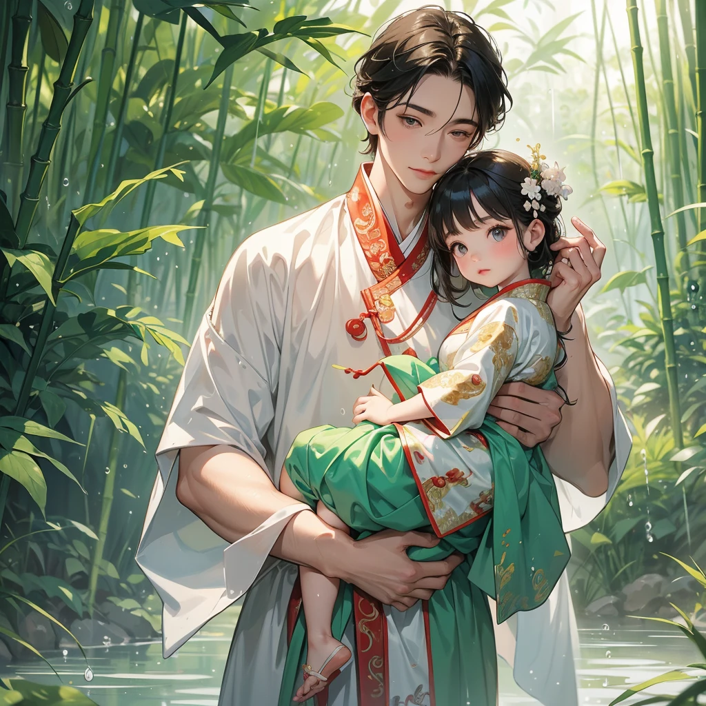 A one-year-old baby boy in an white ancient Chinese baby costume with his beautiful mother, dressed in an ancient Chinese costume, playing with each other, with his handsome father standing next to his mother, close up.
Behind is a lush green bamboo forest. The air after rain has water droplets splashing around.