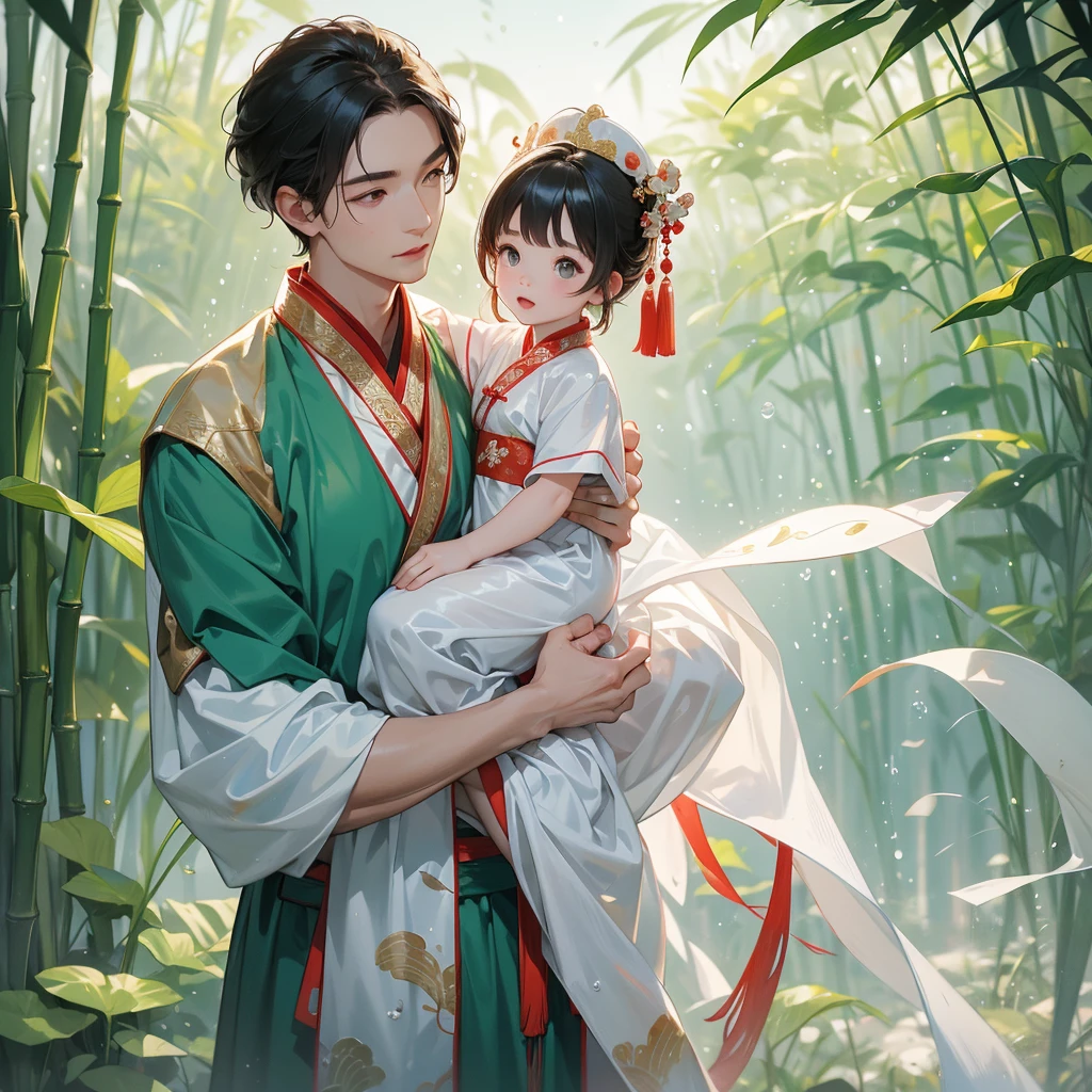 A baby boy in an white ancient Chinese baby costume with his beautiful mother, dressed in an ancient Chinese costume, playing with each other, with his handsome father standing next to his mother, close up.
Behind is a lush green bamboo forest. The air after rain has water droplets splashing around.