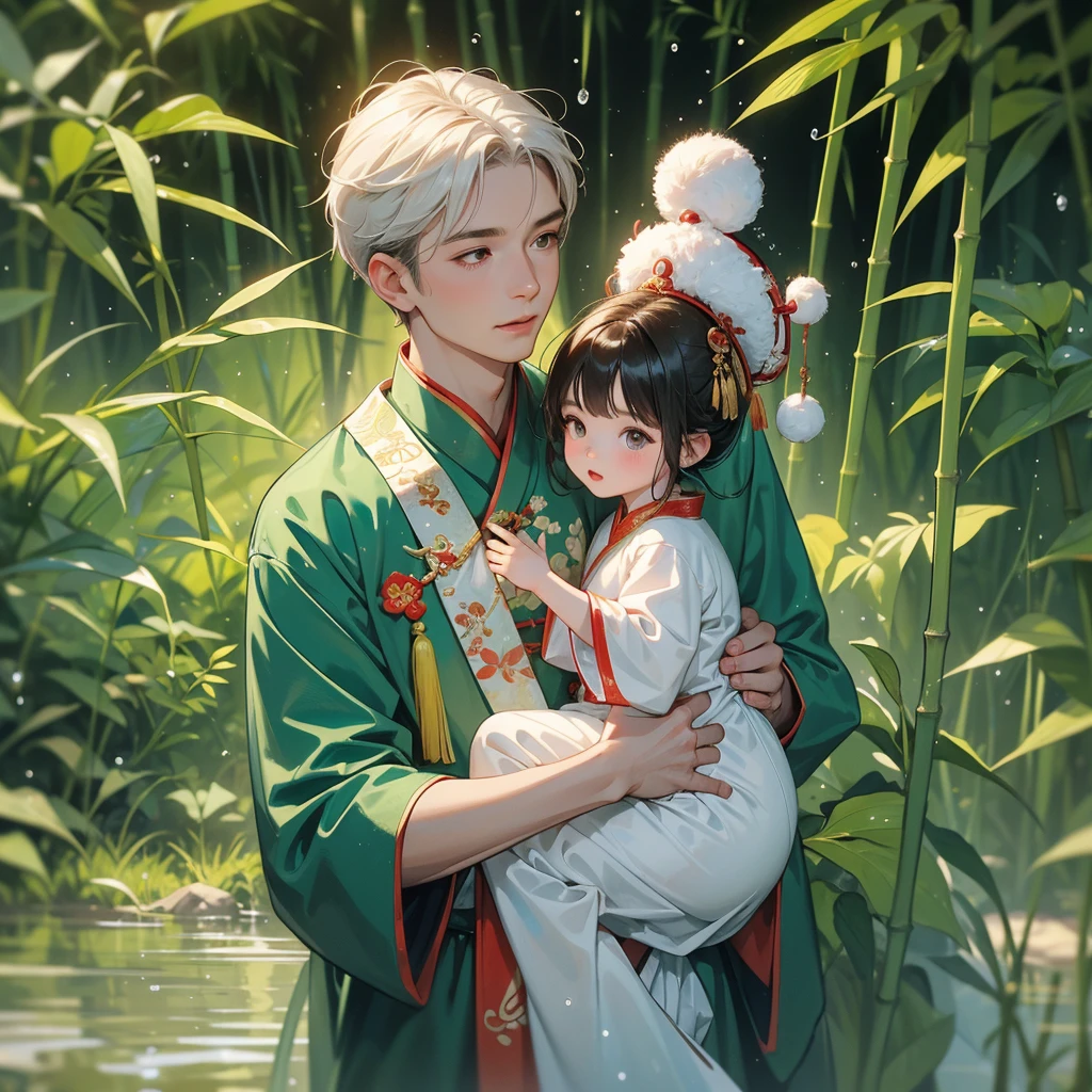 A one-year-old baby boy in an white ancient Chinese baby costume with his beautiful mother, dressed in an ancient Chinese costume, playing with each other, with his handsome father standing next to his mother, close up.
Behind is a lush green bamboo forest. The air after rain has water droplets splashing around.