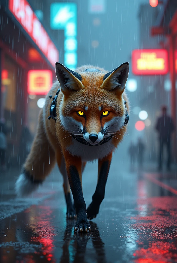 Hacker type fox, technological style, Raining