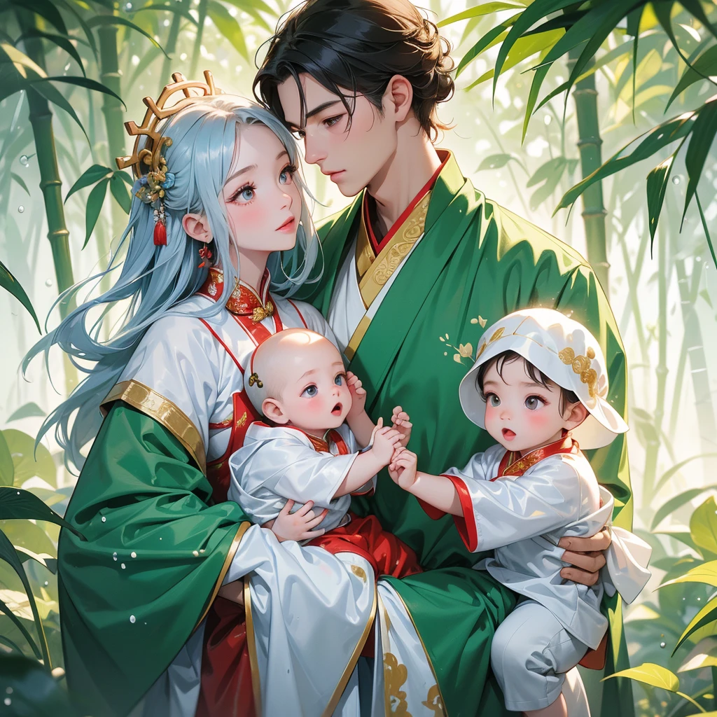 A one-year-old baby boy in an white ancient Chinese baby costume with his beautiful mother, dressed in an ancient Chinese costume, playing with each other, with his handsome father standing next to his mother, close up.
Behind is a lush green bamboo forest. The air after rain has water droplets splashing around.