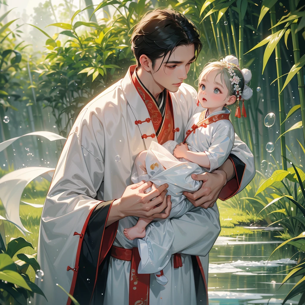A one-year-old baby boy in an white ancient Chinese baby costume with his beautiful mother, dressed in an ancient Chinese costume, playing with each other, with his handsome father standing next to his mother, close up.

Behind is a lush green bamboo forest. The air after rain has water droplets splashing around.