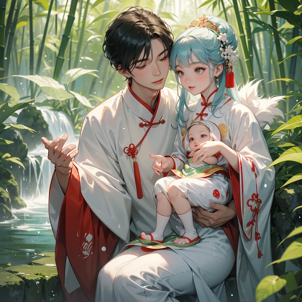 A one-year-old baby boy in an white ancient Chinese baby costume with his beautiful mother, dressed in an ancient Chinese costume, playing with each other, with his handsome father standing next to his mother, close up.
Behind is a lush green bamboo forest. The air after rain has water droplets splashing around.