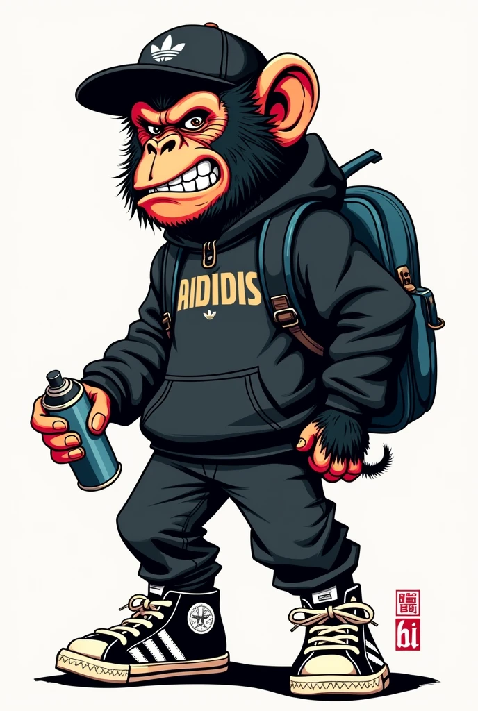 Tattoo style illustration of a monkey wearing graffiti clothing and a black sweatshirt, black cap and backpack navy blue jeans rapper, In his right hand he is using a spray can and Adidas shell tennis shoes, with angry face