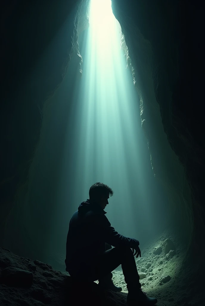 A man inside a hole in front of a ray of light