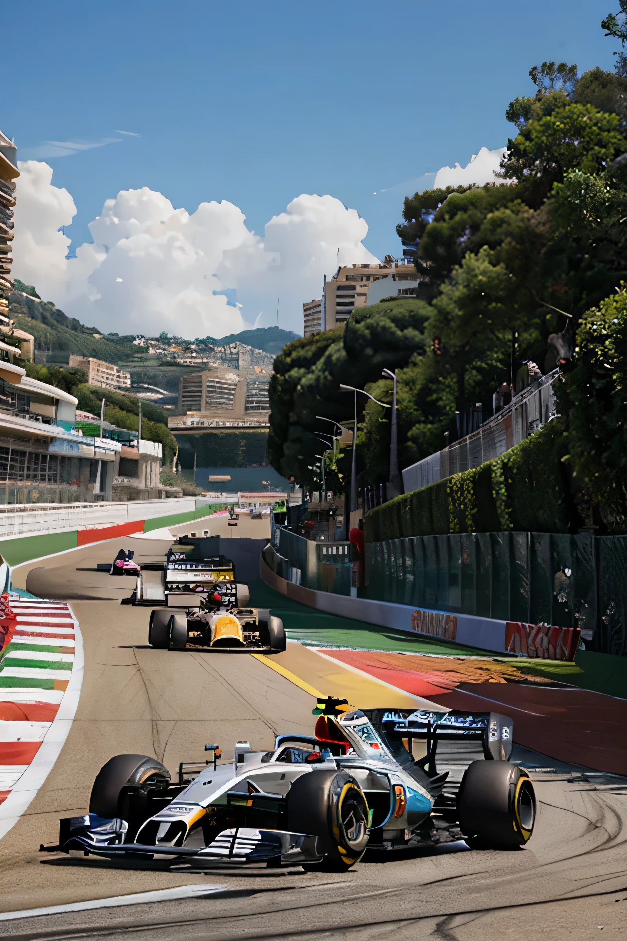 An exciting Formula 1 race on Monaco circuit. Show several F1 cars in action with vibrant colors and detailed designs