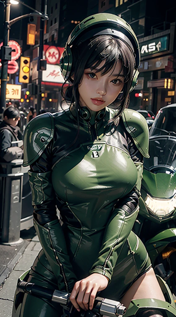 Highest image quality, outstanding details, ultra-high resolution, (realism: 1.4), the best illustration, favor details, highly condensed 1girl, with a delicate and beautiful face, dressed in a black and green mecha, decolette, cleaveaje, topless, wearing a mecha helmet, holding a directional controller, riding on a motorcycle, the background is a high-tech lighting scene of the future city.