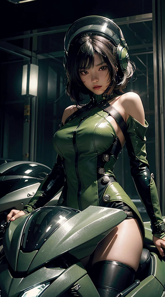 (Best quality, 8k, masterpiece: 1.3), Cute beautiful Korean ager 18 years old, Ultra highly image quality, outstanding details, ultra-high resolution, (realism: 1.4), the best illustration, favor details, highly condensed 1girl, with a delicate and beautiful face, dressed in a black and green mecha, wearing a mecha helmet, holding a directional controller, riding on a motorcycle, Nude breast, showing breast, naked breast, small breast, beauty breast, ((naked breast only)), the background is a high-tech lighting scene of the future city, open thin, 8K, Cinematic angle, highly detailed