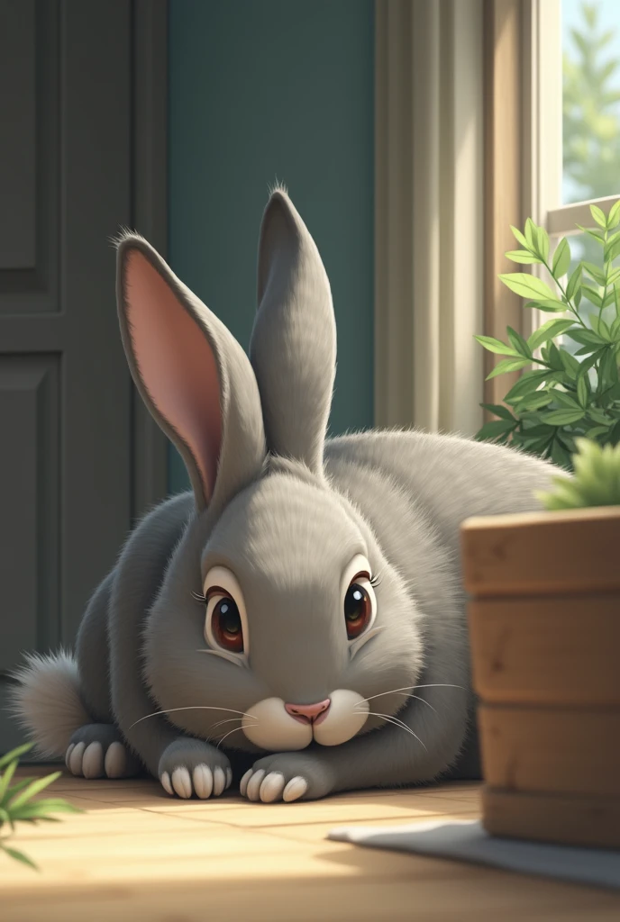An image where a little less than half on the right side there is a blurred wooden object that covers half of the image in the foreground and on the other part a rabbit, quite big, gris con un pelaje notorio mirando hacia la izquierda quite big, Laying face down, one ear down and the other pointing to the left, in the background a window, mostly covered by the standing ear and a little before that some plants on the right side. The environment is outdoors with bright light. make it realistic.