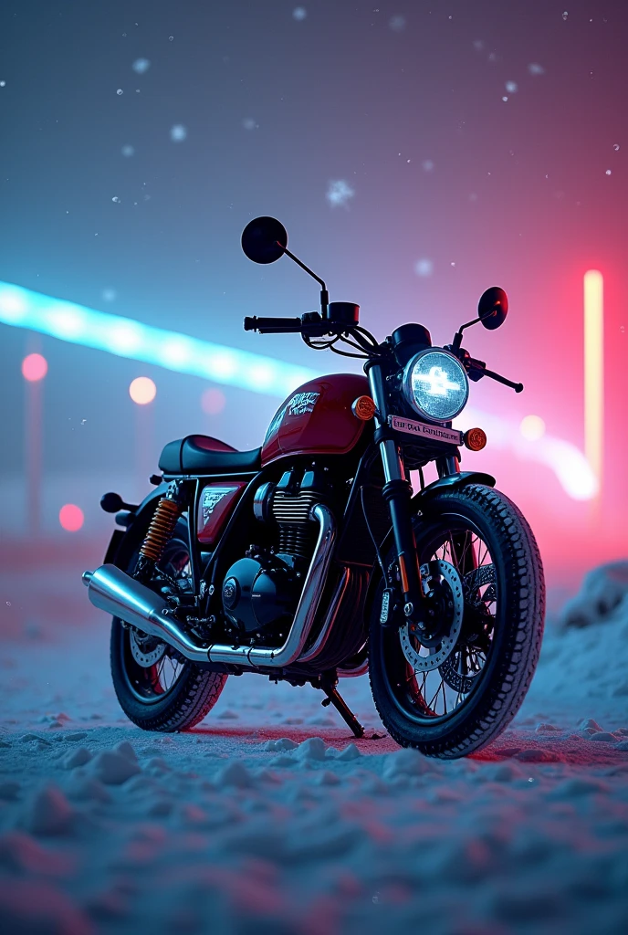 Generate a pic of gt 650 royal Enfield 
bike in mid night with snow and neon light in background with beautiful scene 