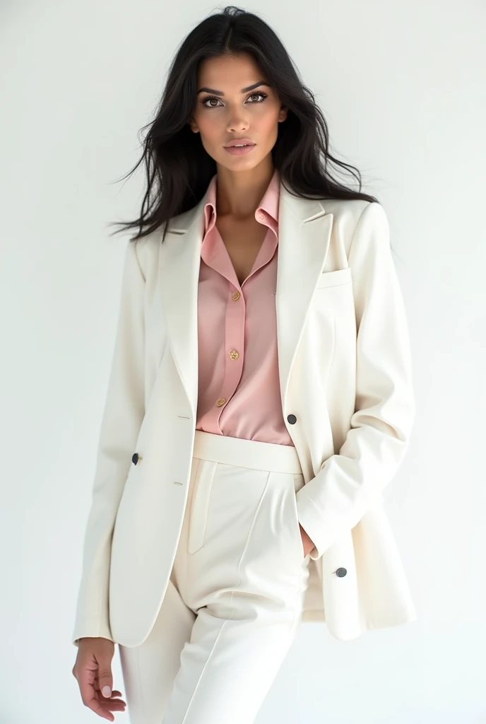 a woman with dark black hair, blusa cor rosa de white suit posando para uma foto, fernanda suarez, Julia Fuentes, Valentina Shuffle, olivia de bernardinis, Laure Lipton, Malika Favre, Directed by: Olivia Peguero, caroline gariba, vestindo white suit, marischa becker, inspired by Gina Pellón, a beautiful woman on white, white suit