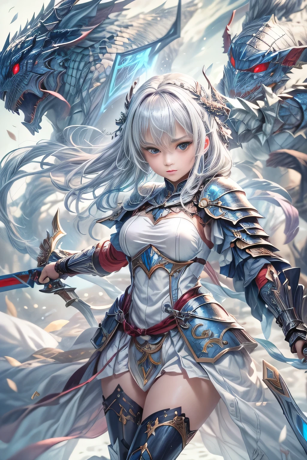 A female knight recognized by the legendary holy sword Excalibur、With the protection of the spirit of light, it emits an aura of light.、8k.Half Russian and half Japanese、Russian face、beautiful girl、A princess with the title of Dragon Slayer、、Small face、Young face、Big eyes、Skinny、Small breasts、(((Silver Hair、Silver Hair)))、With bangs、(((High resolution big beautiful light blue glowing eyes, )))、Shortcuts、Bobcut、(((Red ribbon in hair、Floral decoration)))、Partially braided、Transforms into an armored knight at the call of the holy sword Excalibur.、Large sword、A holy sword that emits a pale blue light、((god々He holds up his sword, shining a deep blue, to the sky.))、god々A sword that shines brilliantly、Magic Sword Light Shield、Armor of Light、fantasy landscape、Fantasy、(Battle with the Dark Knight、Fighting the Demons、Fighting the beastmen)A dragon knight riding a flying dragon through the sky、The sword swings down, leaving a trail of light in its wake.
