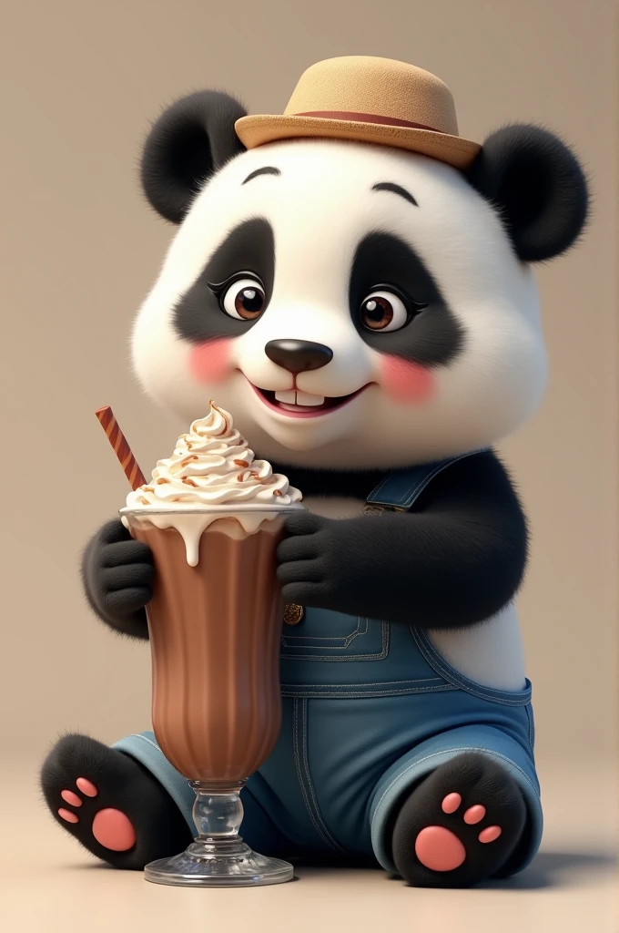 Panda con overol y frappe de chocolate y con gorrito