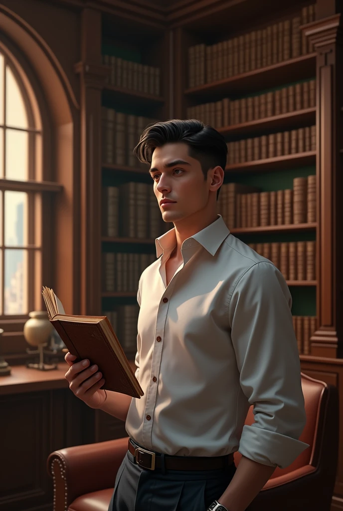 Create a handsome young man in a library