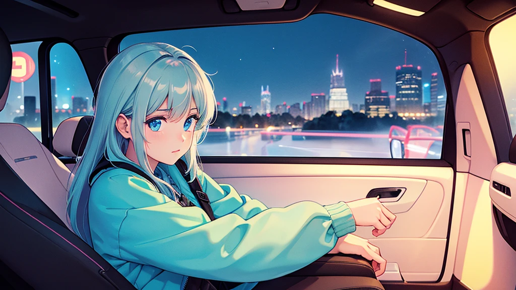Create an image from the angle inside a car, showing a woman with a thoughtful expression on her face as she gazes out of the side window at the cityscape. The city outside should be visible, illuminated by streetlights and neon signs. Use soft, pastel colors and subtle gradients to capture a dreamy, reflective atmosphere. Ensure the interior of the car feels cozy and comfortable, adding to the overall serene vibe.