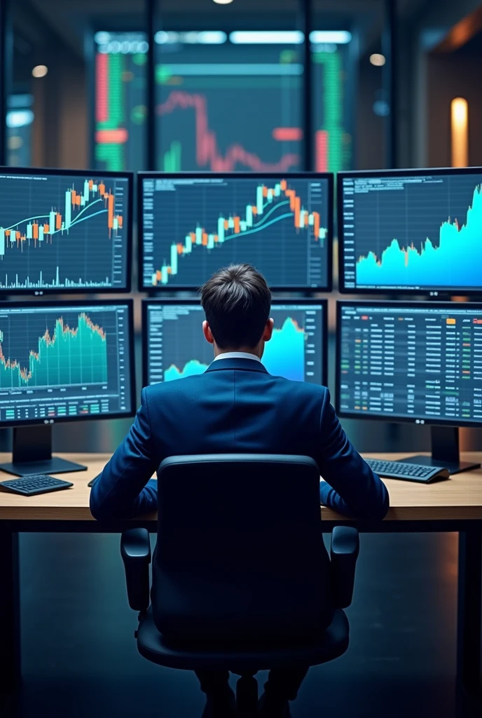 Computer and trading man stock market and bit coin and bill strategy and setup five computerthat man's blue coat pants and big face