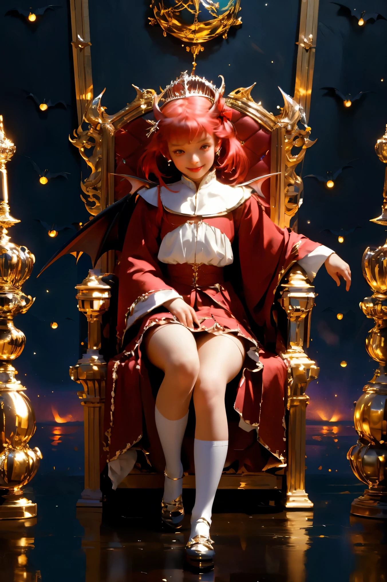 uhd, 4k, textured skin, good quality, High details, ​masterpiece, best quality, (Amazingly absurd:1.2), (​masterpiece:1.2), 1 Vampire Girl with little demon wings sitting on throne, evil laugh, dress with ruffles, evil smirking, glowing red eyes, shiny hair , fullbody, two colored hair, hairbow, black knee socks, Kawaiitech, soft colours, Kawaii, Beautiful colors, studio lighting, (throneroom:1.5), (Night:2), 