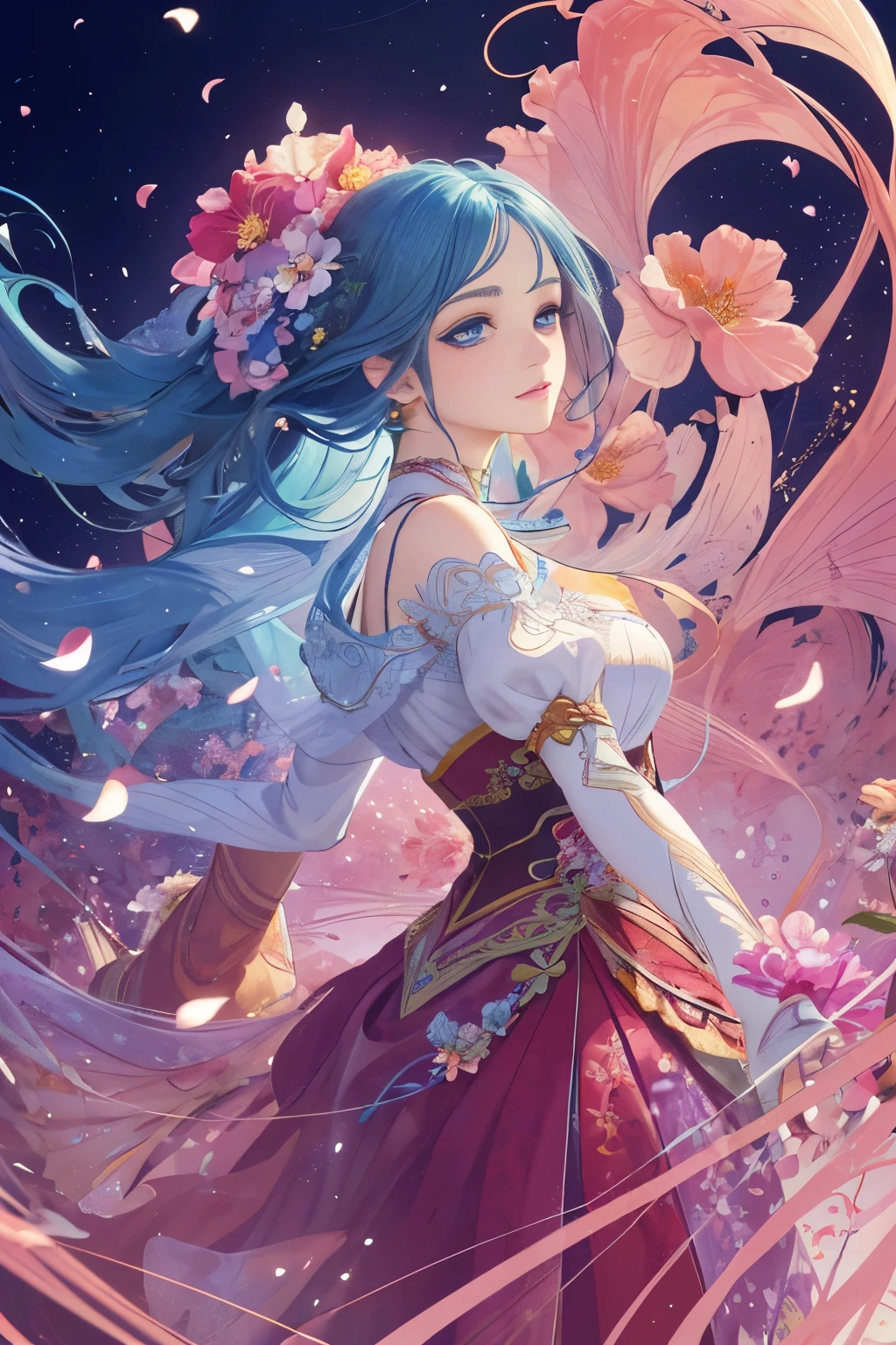 (One person, alone, From the side From the side), Very detailed, (Abstract background, Tangled, Fractal Art:1.3), (Colorful, colorful:1.1), (Fater, petal, Flowers Bloom:1.3), Dynamic Pose, 耳?????? Ring,Portrait of a Princess, , In the art style of Bouwater, Baroque style fluffy skirt,Fantasy art style, Beautiful fantasy maiden,Exquisite and perfect facial features,Beautiful and delicate eyes,Long eyelashes,Delicate eyeliner,blue eyes,Dark pupils,,There's a light in the eye,Almond Eyes,Beautiful lip detail,8K high-resolution cutting method correction,Oil painting, thick paint style,Messy black hair,cottage in the woods,colorful birds