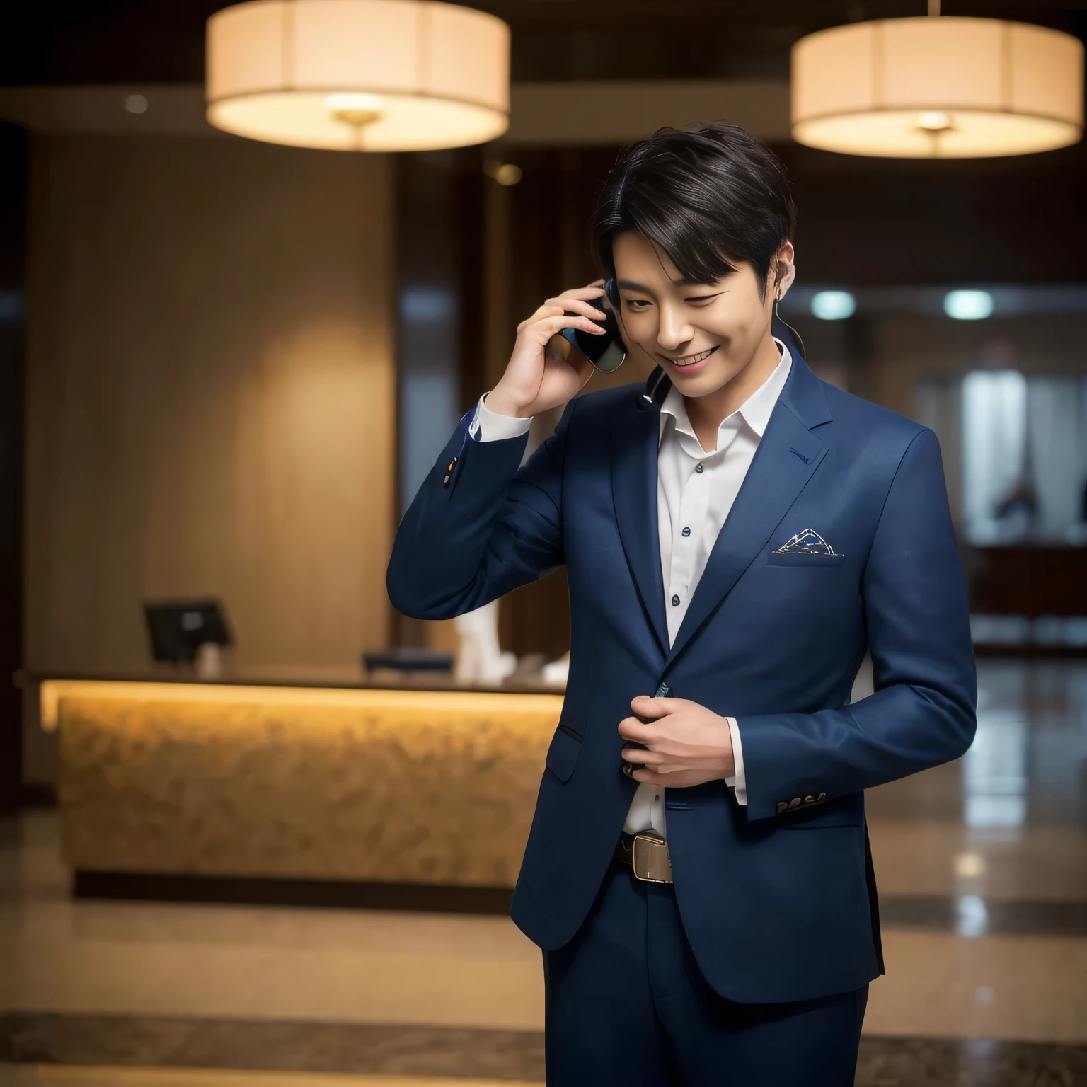 ((masterpiece:1.5))、Japanese man with short black hair:1.7、((Making a phone call on a smartphone:1.5))、((Smile))、((Dark blue suit:1.5))((Cowboy Shot:1.4))、((hotel lobby:1.4))、