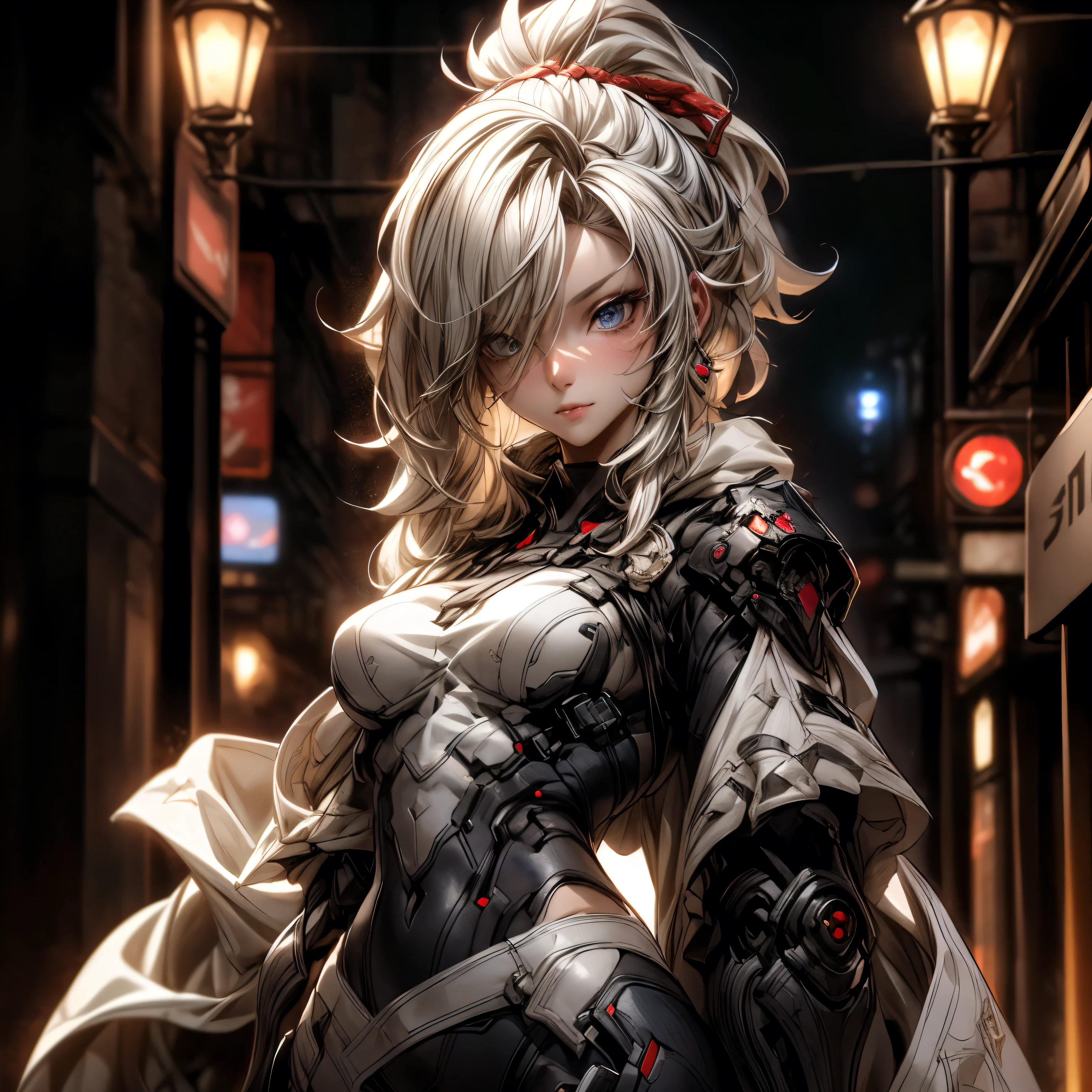 (best quality)), ((Masterpiece)), (details:1.4), 3d, HDR (high dynamic range), an image of a beautiful cyberpunk female, fantasy, Cyberpunk, Medieval, Blonde hair, Highi ponytail, Hips up, Beautiful white eyes, จมูกโด่ง, ปากแดง, หน้าอกใหญ่, nvidia RTX, PBR surface, After processing, Anisotropic filtration,depth of field, Maximum clarity and clarity, multi-layered surface, Subsurface scattering, perfect proportions, 8K raw files, ultra detailed, Perfect proportions, volumetric lighting, soft lighting, Holy Paladin, Heavy Silver Armor, glossy skin, intricate Red embroidery, Castle background, jewely, ต่างหู, นิ้วมือสมบูรณ์,