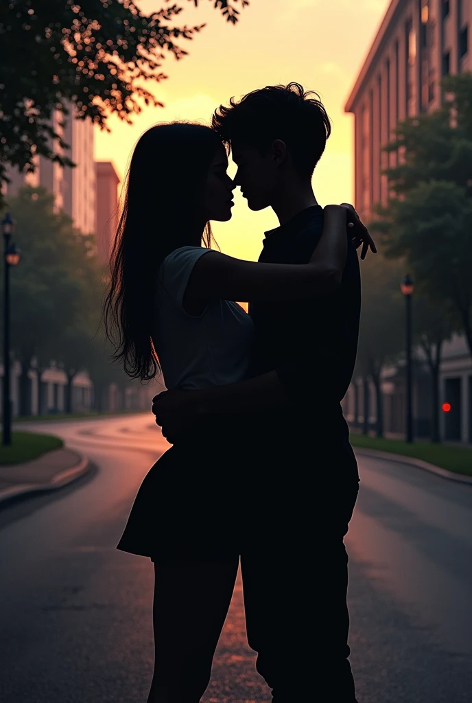 I want an image of a age girl and boy tightly hugging completely each other with faces opposite direction from back angle in foreground. The boy and girl should be shaded black.In background there should be a road ,buiilding and trees aside like a college