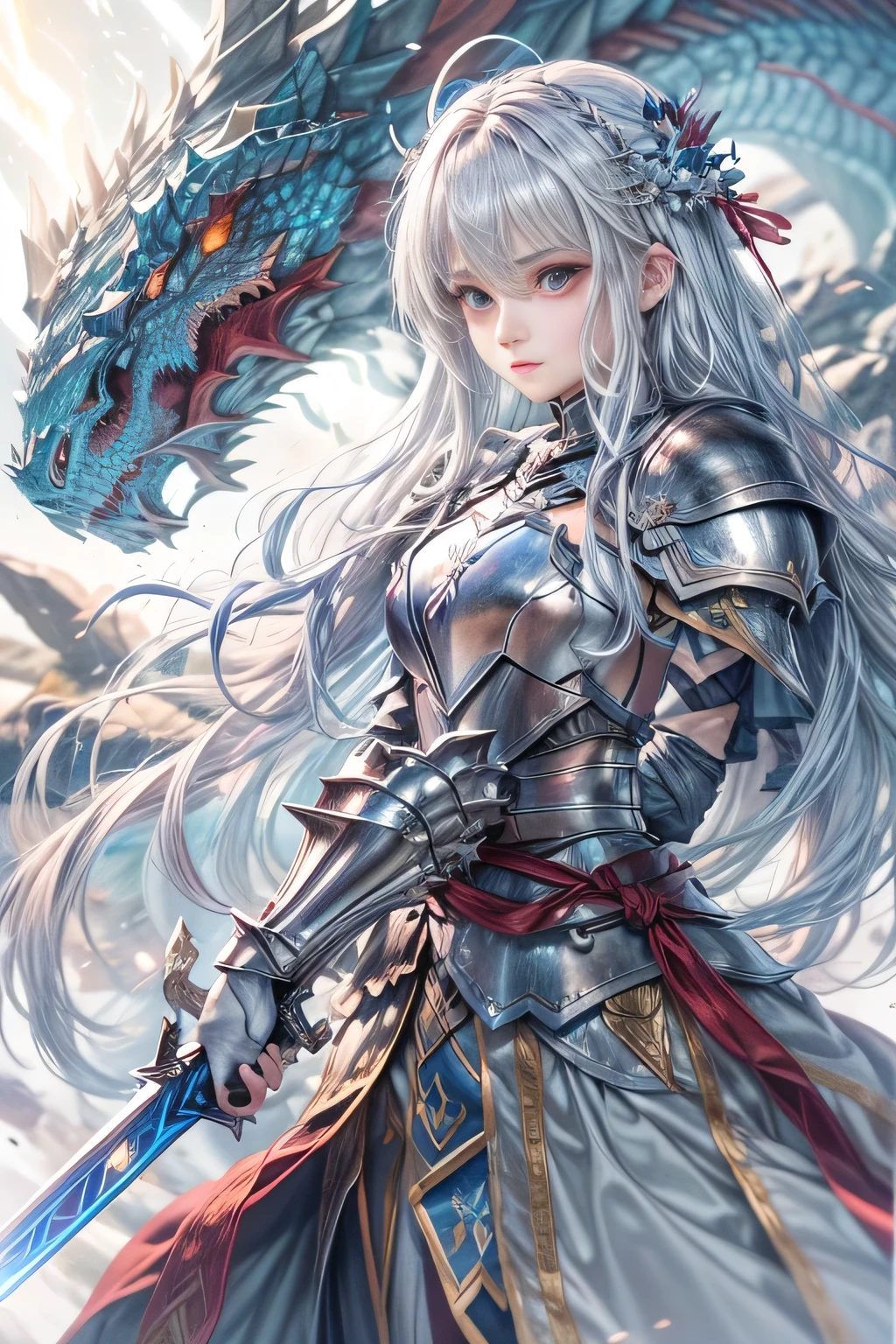 A female knight recognized by the legendary holy sword Excalibur、With the protection of the spirit of light, it emits an aura of light.、8k.Half Russian and half Japanese、Russian face、beautiful girl、A princess with the title of Dragon Slayer、、Small face、Young face、Big eyes、Skinny、Small breasts、（（（Silver Hair、Silver Hair）））、With bangs、（（（High resolution big beautiful light blue glowing eyes, ）））、Shortcuts、Bobcut、（（（Red ribbon in hair、Floral decoration）））、Partially braided、Transforms into an armored knight at the call of the holy sword Excalibur.、Large sword、A holy sword that emits a pale blue light、（（god々He holds up his sword, shining a deep blue, to the sky.））、god々A sword that shines brilliantly、Magic Sword Light Shield、Armor of Light、fantasy landscape、Fantasy、（Battle with the Dark Knight、Fighting the Demons、Fighting the beastmen）A dragon knight riding a flying dragon through the sky、The sword swings down, leaving a trail of light in its wake.