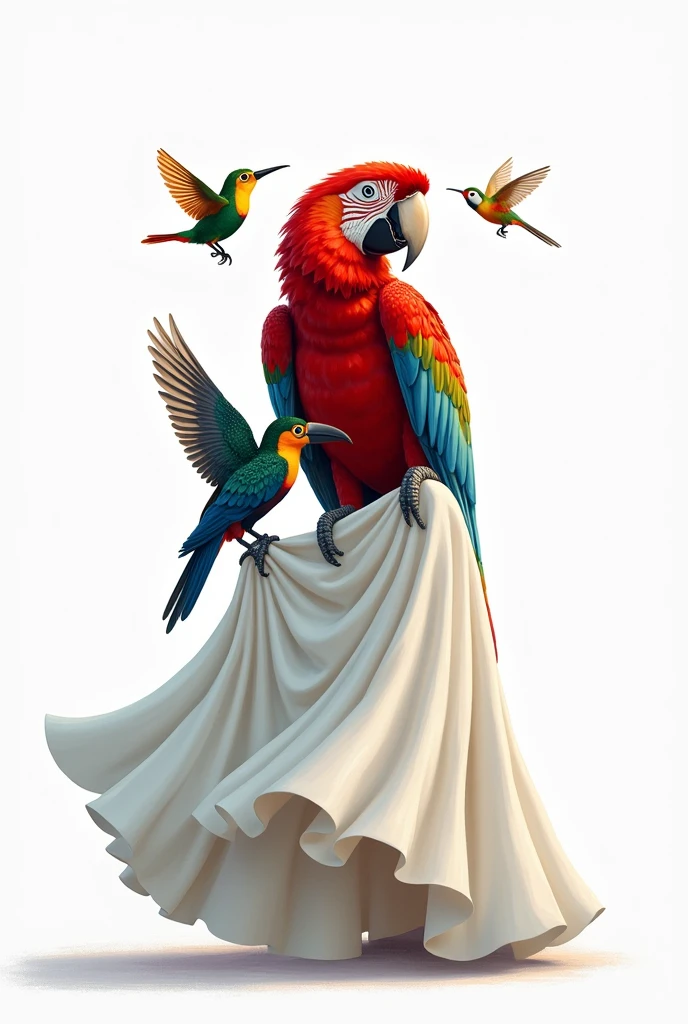 The red macaw of Honduras with a hummingbird and a toucan painted on a long white dress.