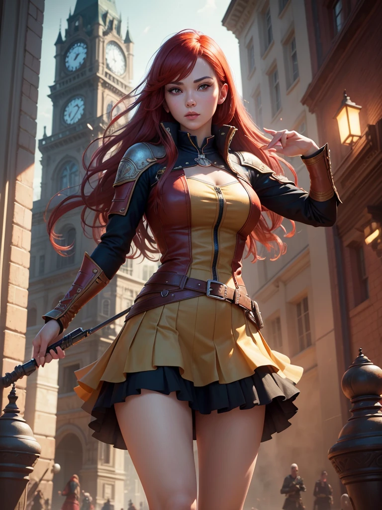 a beautiful girl with short skirt, red hair,rair bundle
in free fire game scene, on a clock tower, (best quality,4k,8k,highres,masterpiece:1.2),ultra-detailed,(realistic,photorealistic,photo-realistic:1.37),highly detailed face and eyes,beautiful detailed eyes,beautiful detailed lips,extremely detailed eyes and face,long eyelashes,dynamic pose,action shot,cinematic lighting,vibrant colors,intricate background details,fantasy,video game art