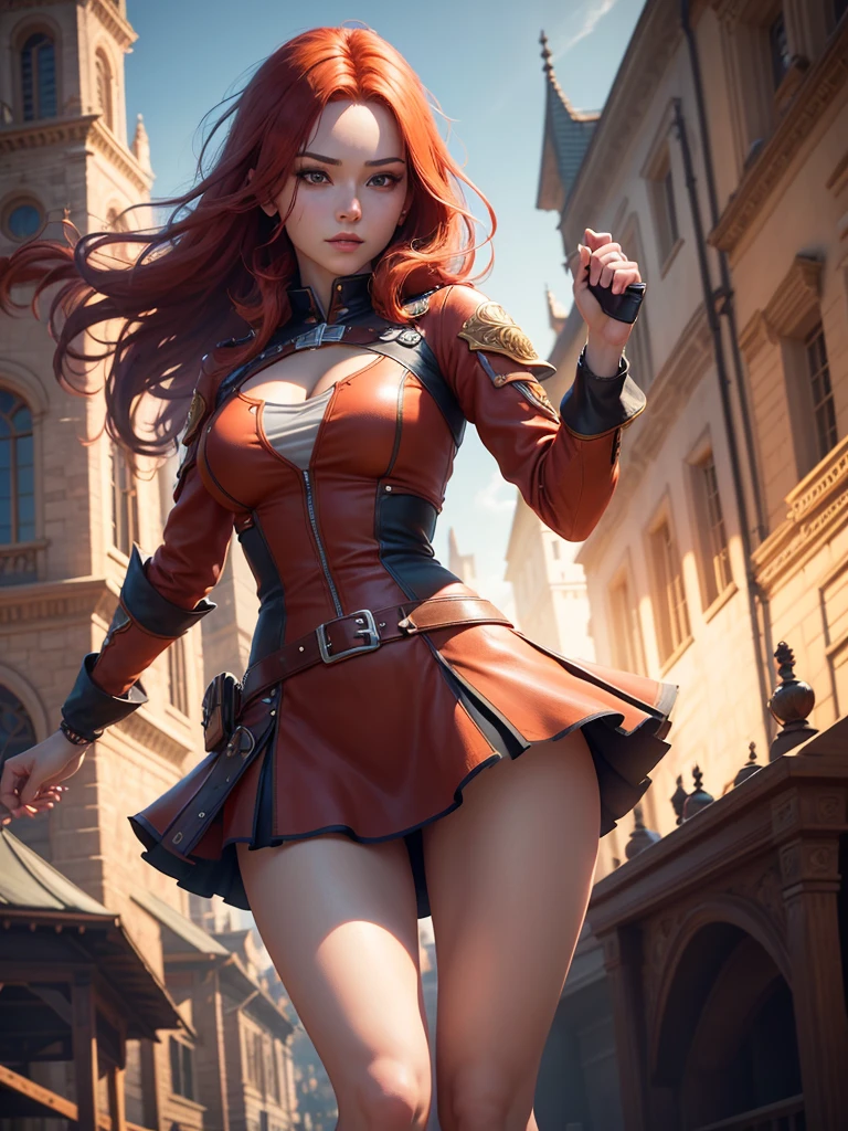 a beautiful girl with short skirt, red hair,rair bundle
 in free fire game scene, on a clock tower, (best quality,4k,8k,highres,masterpiece:1.2),ultra-detailed,(realistic,photorealistic,photo-realistic:1.37),highly detailed face and eyes,beautiful detailed eyes,beautiful detailed lips,extremely detailed eyes and face,long eyelashes,dynamic pose,action shot,cinematic lighting,vibrant colors,intricate background details,fantasy,video game art